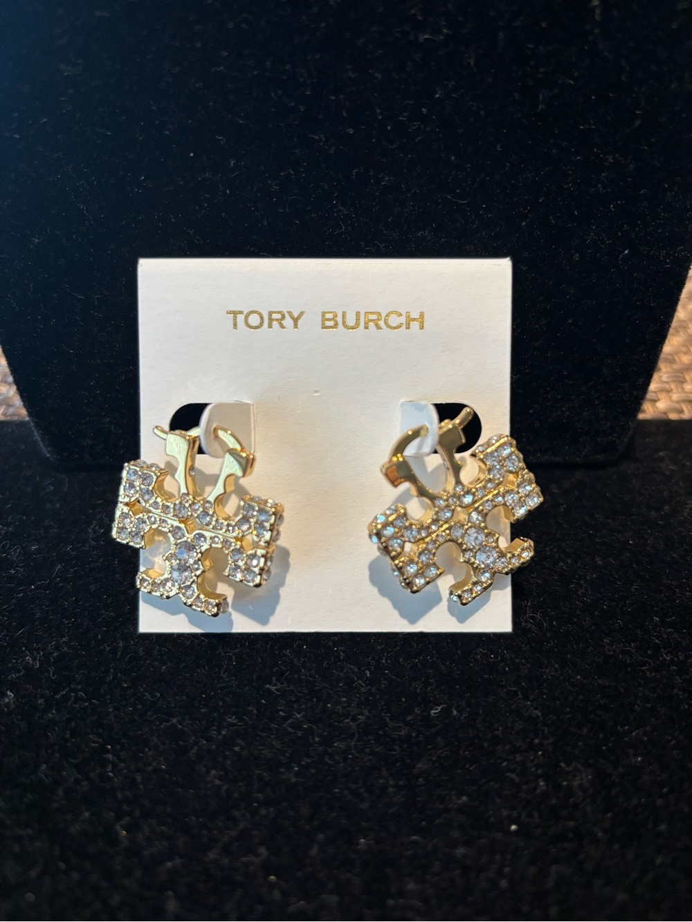 Tory Burch Gold Crystal Logo Earrings